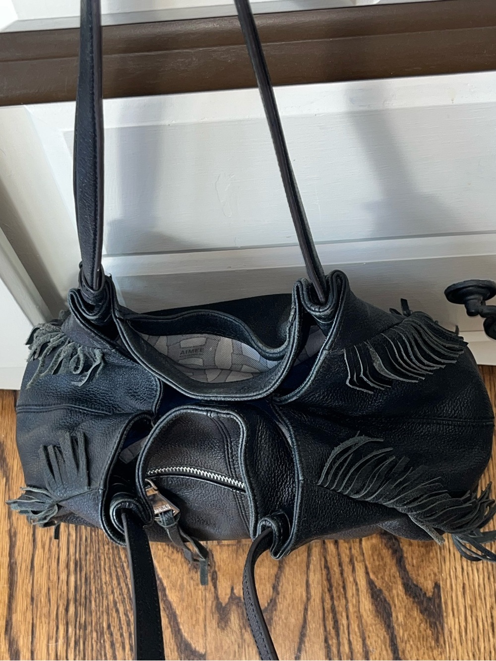 Aimee Kestenberg Black Fringe Pebbled Leather Double Handle Shoulder Bag - Picture 8 of 10